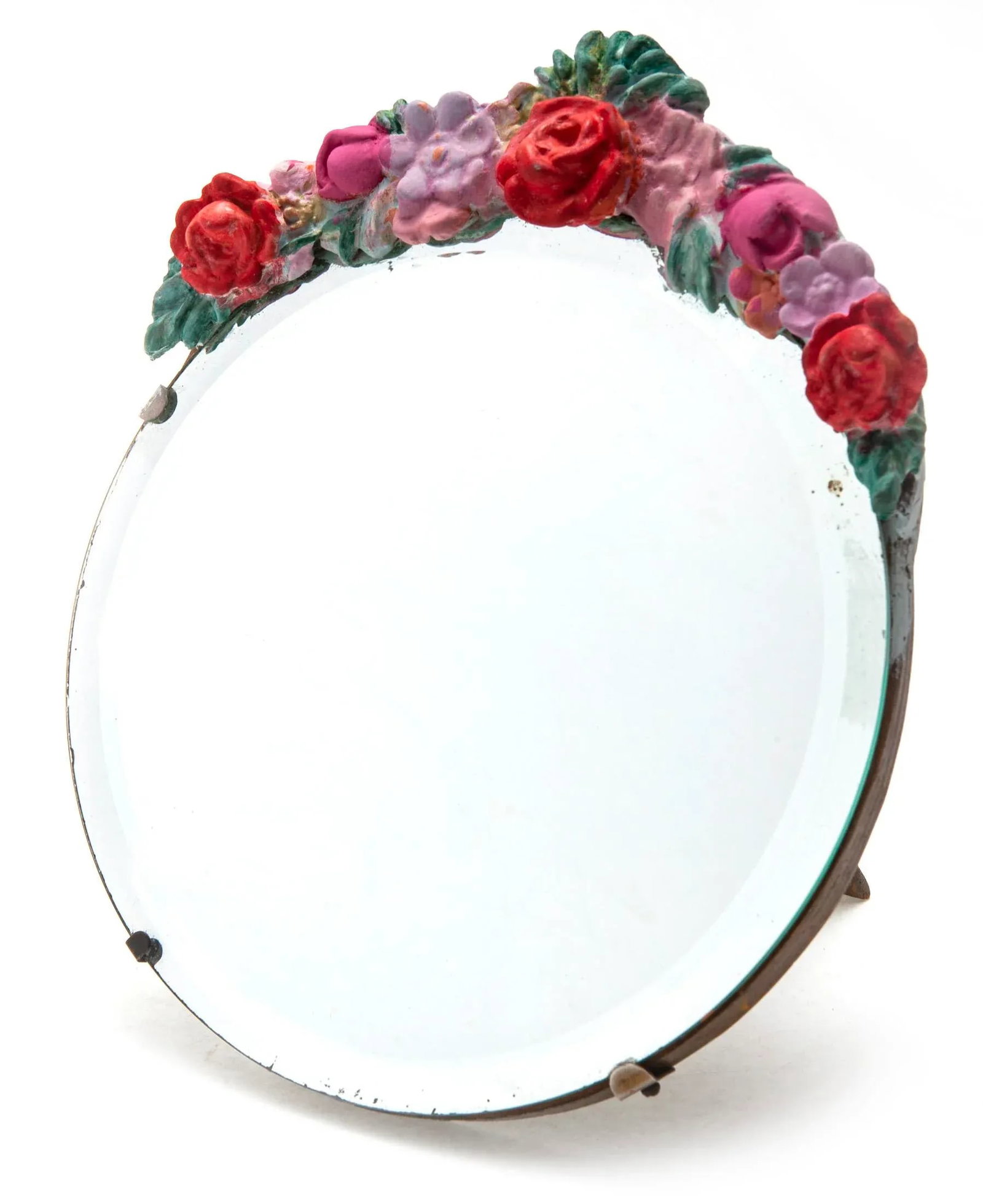 Vintage Italian Round Barbola Easel Mirror With Floral Crest - 5