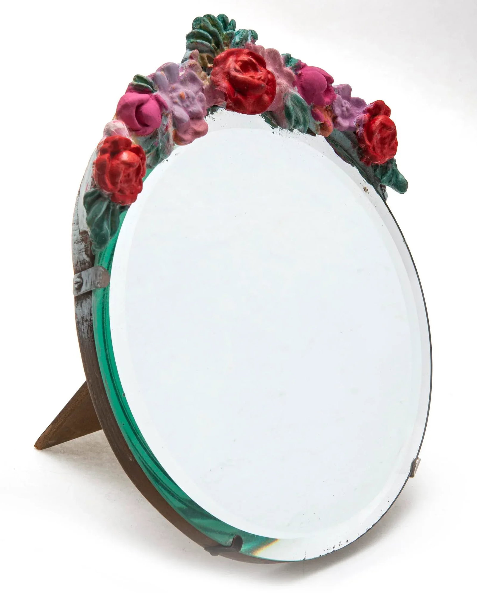Vintage Italian Round Barbola Easel Mirror With Floral Crest - 6