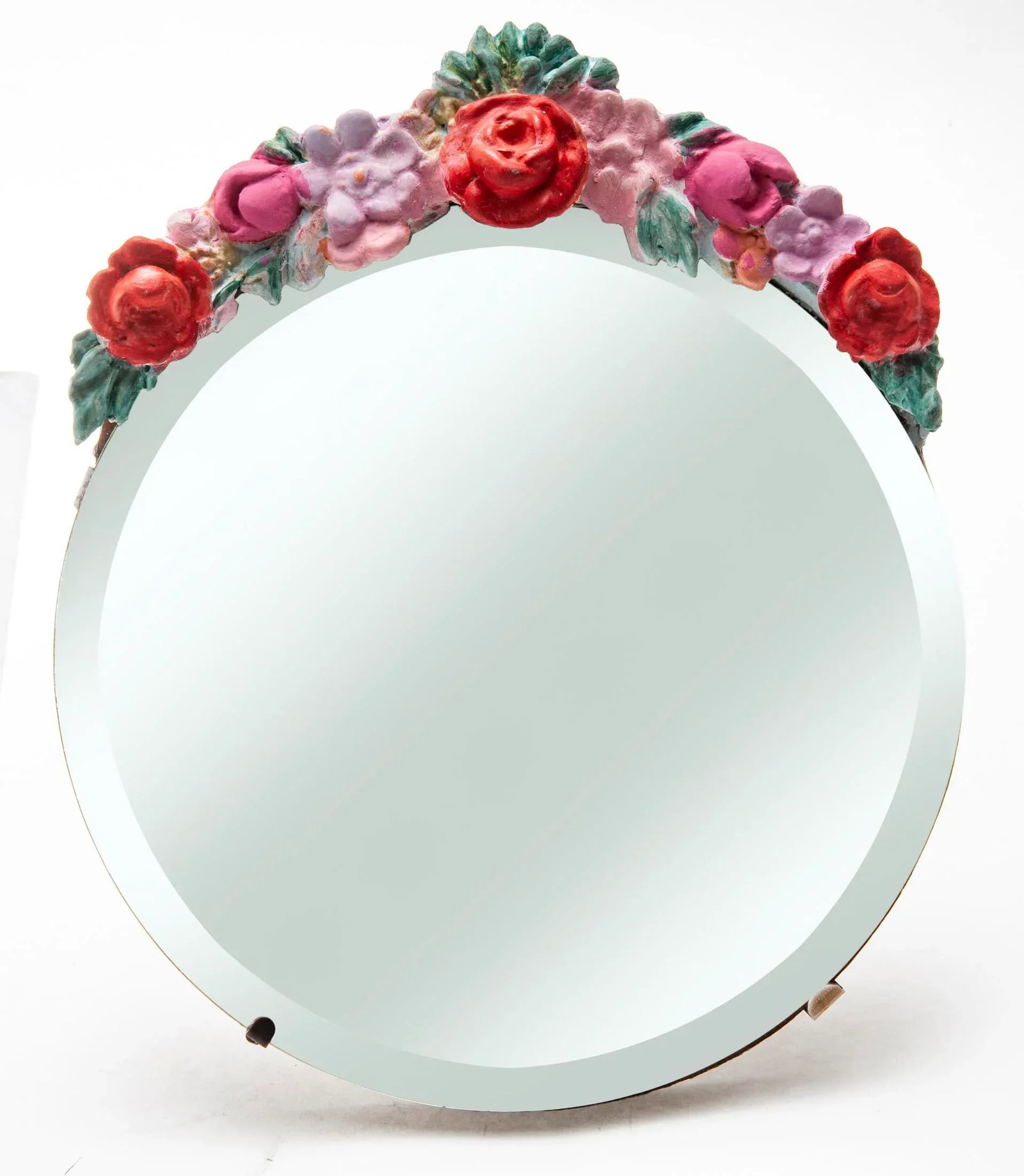 Vintage Italian Round Barbola Easel Mirror With Floral Crest - 9