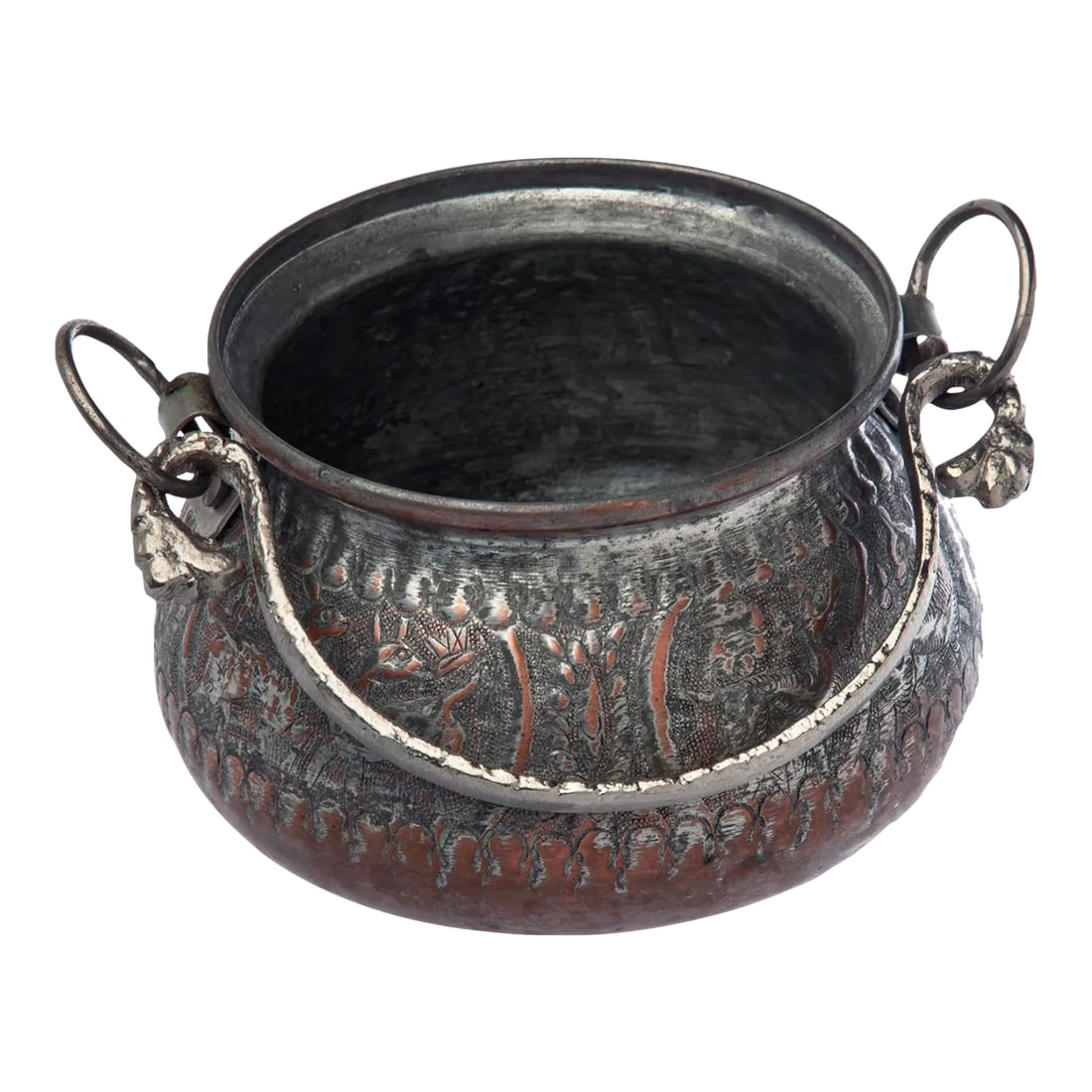 Early 20th Century Persian Ornate Hand Tooled & Tinned Copper Calderon: Persian tinned copped caldron with hand made handle. Heavily hand tooled with intricate etched pattern. Condition: Alterations: Unknown Imperfections: Some Imperfections Condition Notes: No dents or