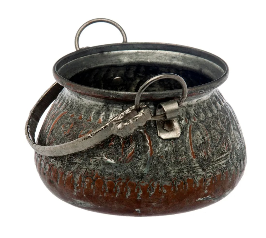 Early 20th Century Persian Ornate Hand Tooled & Tinned Copper Calderon - 4