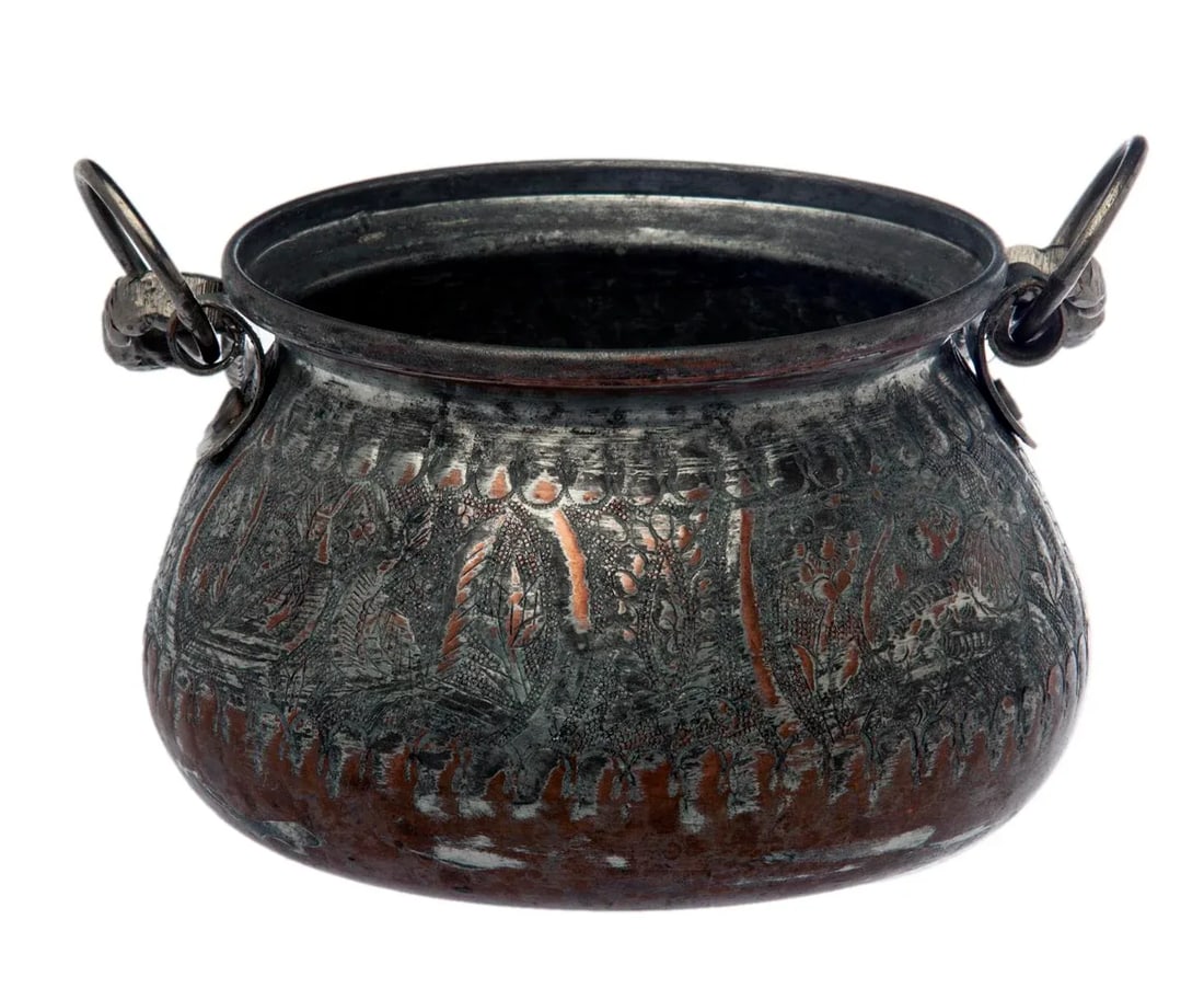 Early 20th Century Persian Ornate Hand Tooled & Tinned Copper Calderon - 5