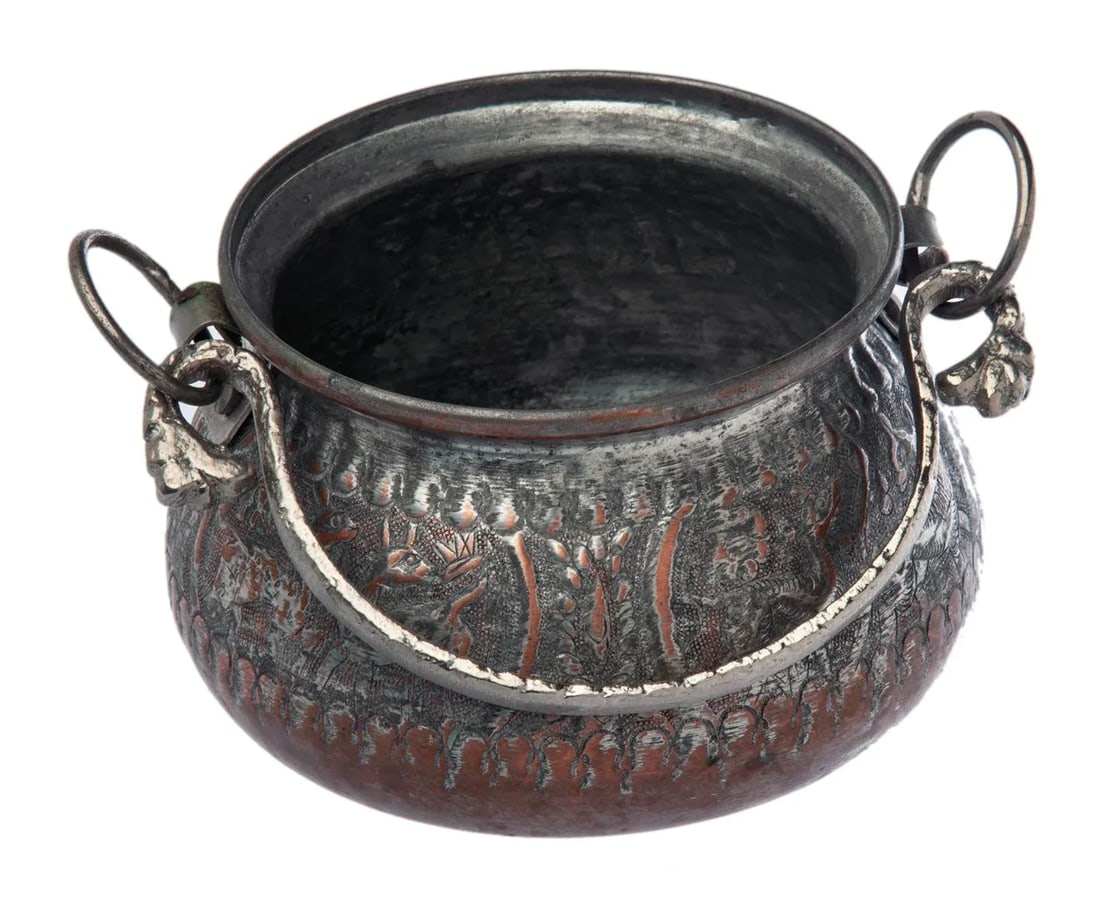 Early 20th Century Persian Ornate Hand Tooled & Tinned Copper Calderon - 9