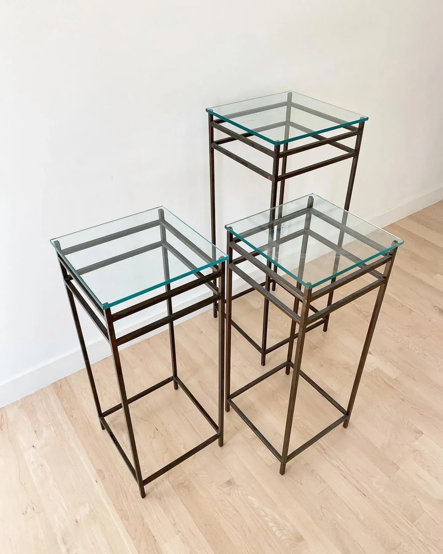 Modernist Minimalist Steel & Glass Plant Stands, Set of 2 (After Max Sauze) - 11
