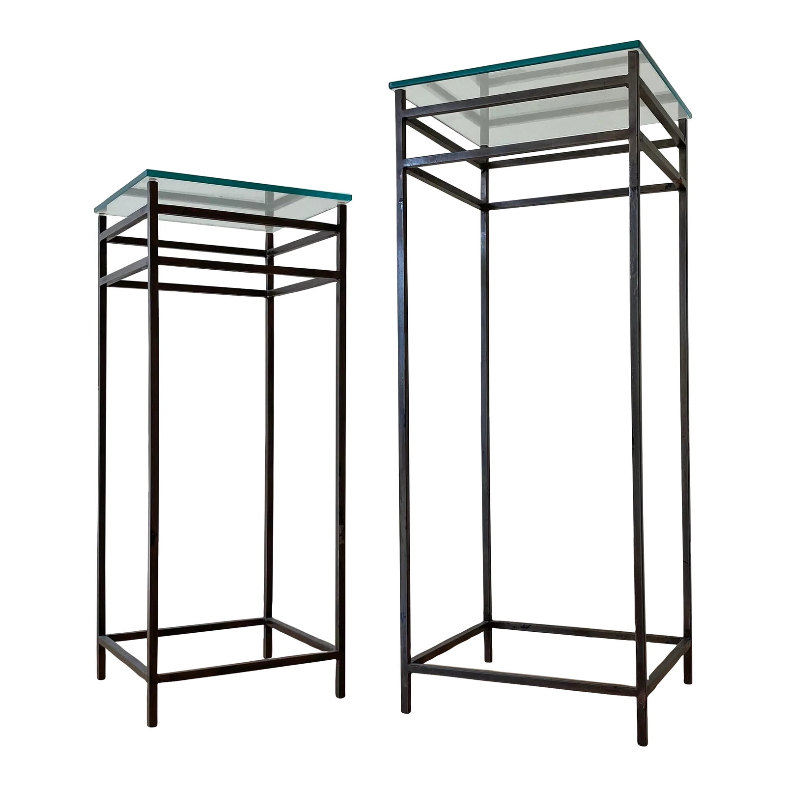 Modernist Minimalist Steel & Glass Plant Stands, Set of 2 (After Max Sauze): Set of two steel Minimalist plant stands with glass tops. Three are shown in some photos; please message us if all three stands are desired. Taller 14.5"W x 14.5"D x 36.5"H Shorter 12.5"W x 12.5"D x 3
