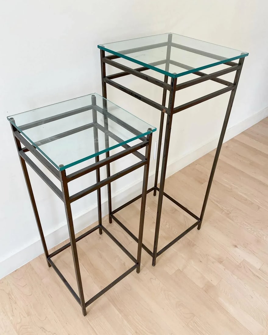 Modernist Minimalist Steel & Glass Plant Stands, Set of 2 (After Max Sauze) - 4