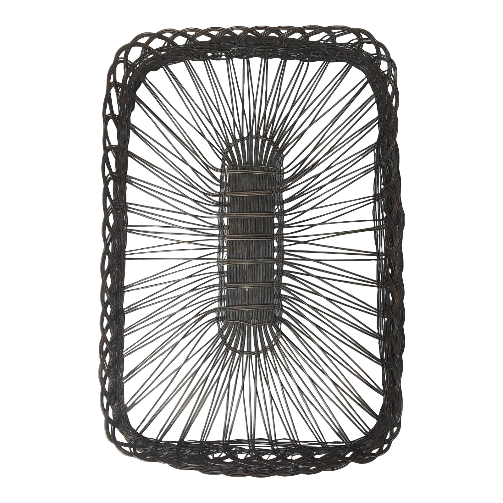 Vintage Rectangular Wire Basket: Tarnished to black, this silver plated wire basket exhibits a fabulous example of handwoven wire craft. This basket would show the wonderful weave displayed as a wall piece among other pieces of art.