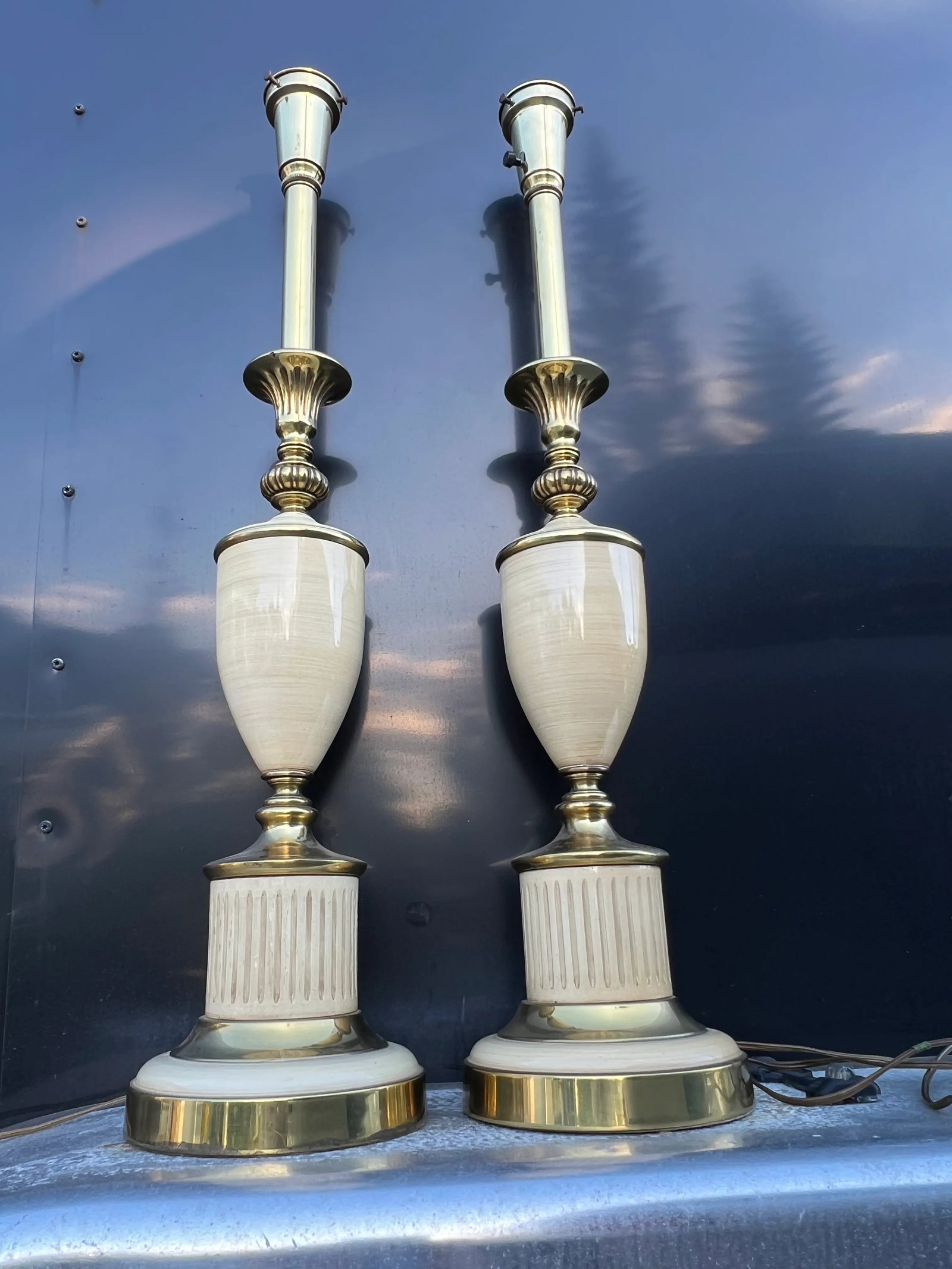 Vintage Mid 20th Century Brass & Enamel Stiffel Style Table Lamps - a Pair - 12