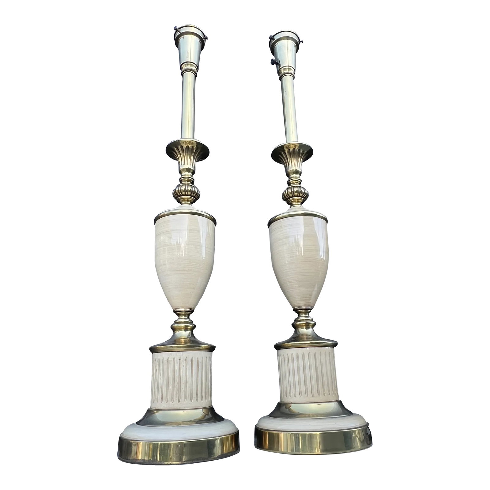 Vintage Mid 20th Century Brass & Enamel Stiffel Style Table Lamps - a Pair: Vintage Brass & Enamel Stiffel Table Lamps . There is no name but looks like Stiffel lamps. Measuring 30" tall. No glass globes. Condition: Alterations: Original Condition Unaltered Imperfections: