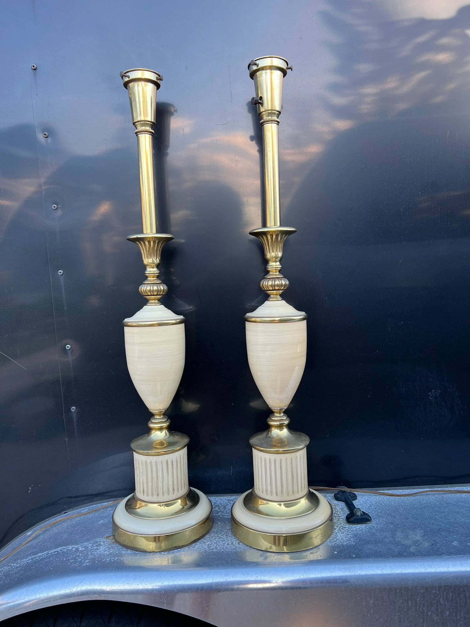 Vintage Mid 20th Century Brass & Enamel Stiffel Style Table Lamps - a Pair - 2