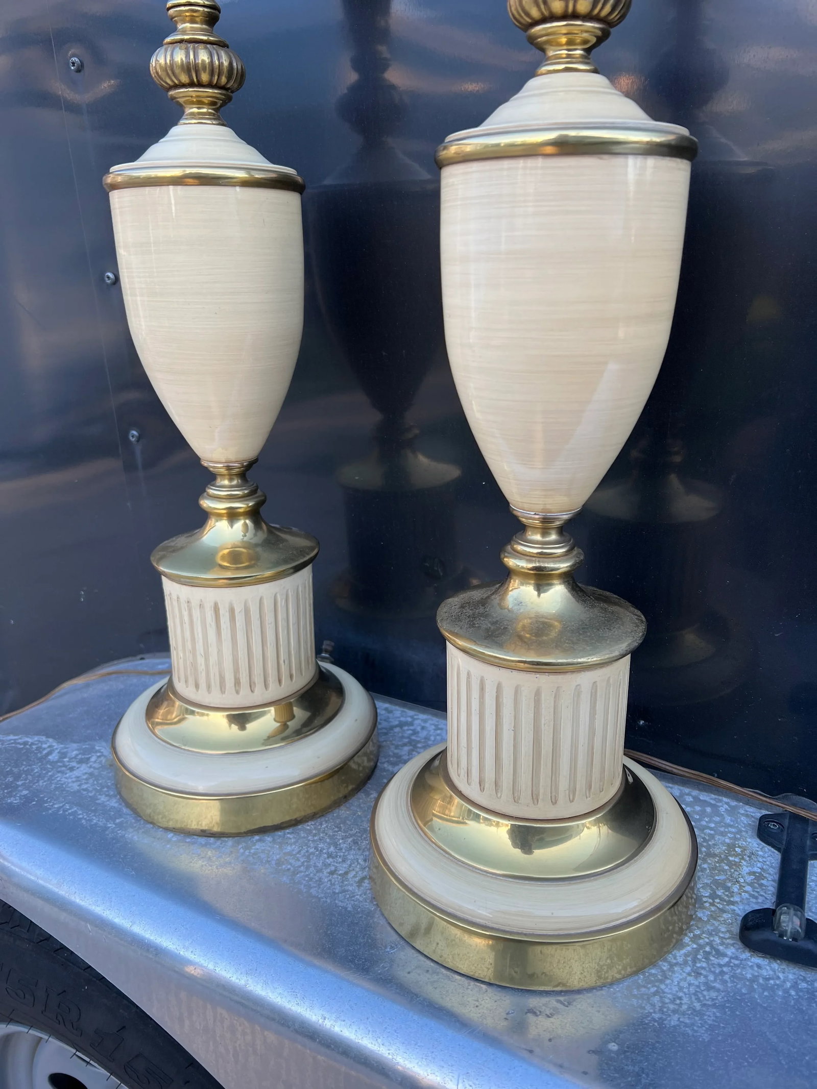 Vintage Mid 20th Century Brass & Enamel Stiffel Style Table Lamps - a Pair - 4