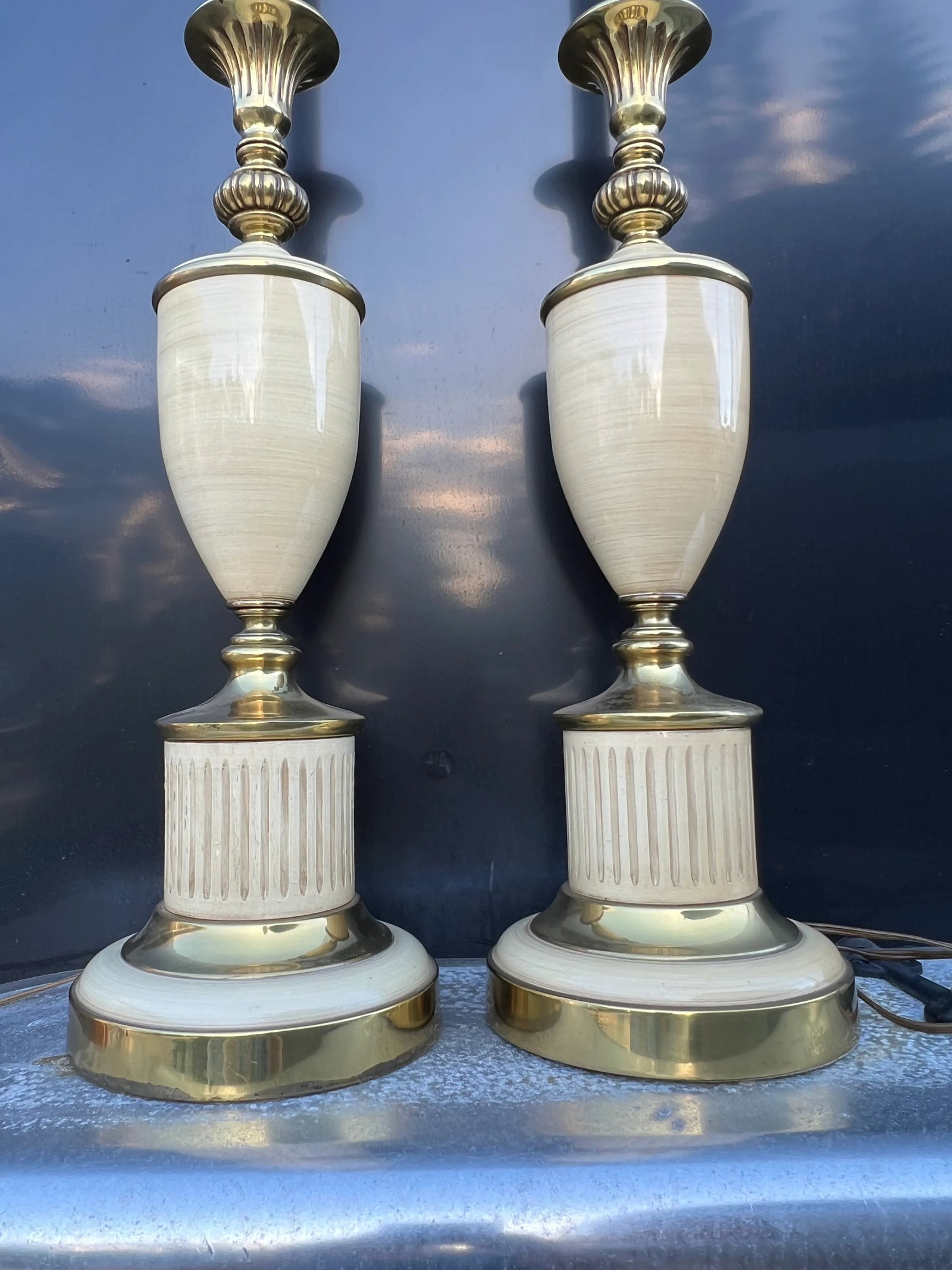 Vintage Mid 20th Century Brass & Enamel Stiffel Style Table Lamps - a Pair - 7