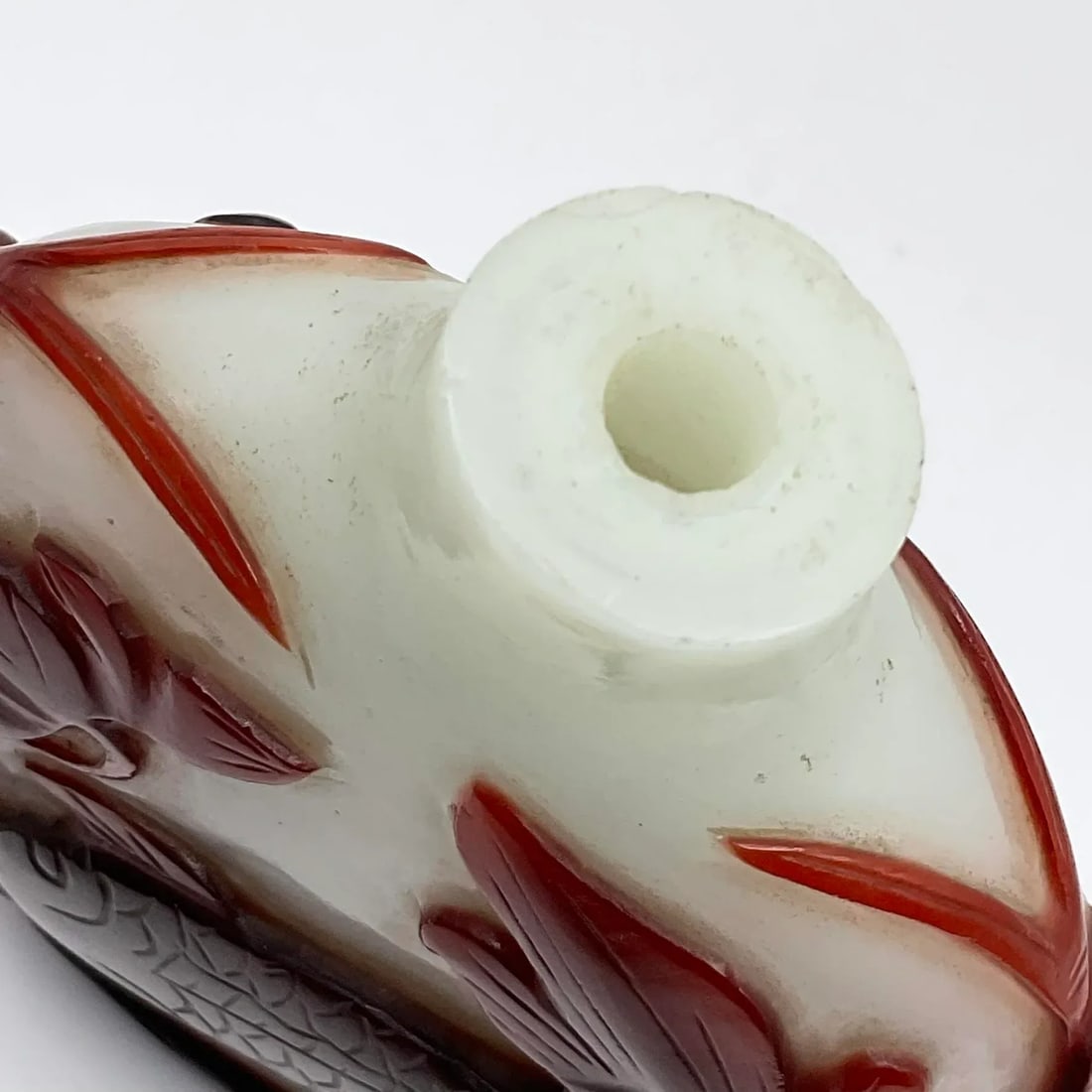 Early 20th Century Oversize Large Opaline Glass Snuff Bottle With Red Overlay of Fish Design - 11