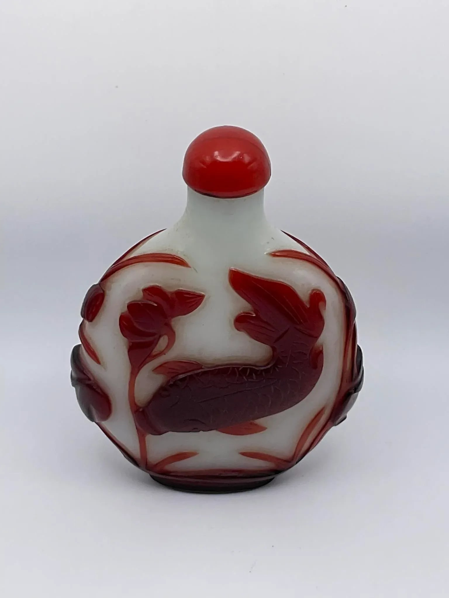 Early 20th Century Oversize Large Opaline Glass Snuff Bottle With Red Overlay of Fish Design - 12