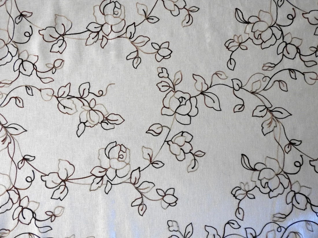 Cotton Linen Crewel Embroidered Roses Fabric Over 2 Yards: Cotton linen blend of semi sheer crewel embroidered fabric. Off-white with brown and beige roses. 55"X94". Excellent condition. Scandi, Japandi, natural neutral design. Condition: Alterations: Origina