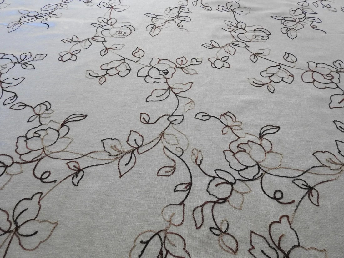 Cotton Linen Crewel Embroidered Roses Fabric Over 2 Yards - 2