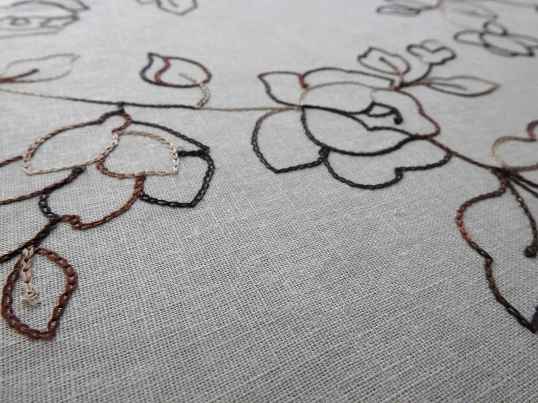 Cotton Linen Crewel Embroidered Roses Fabric Over 2 Yards - 4