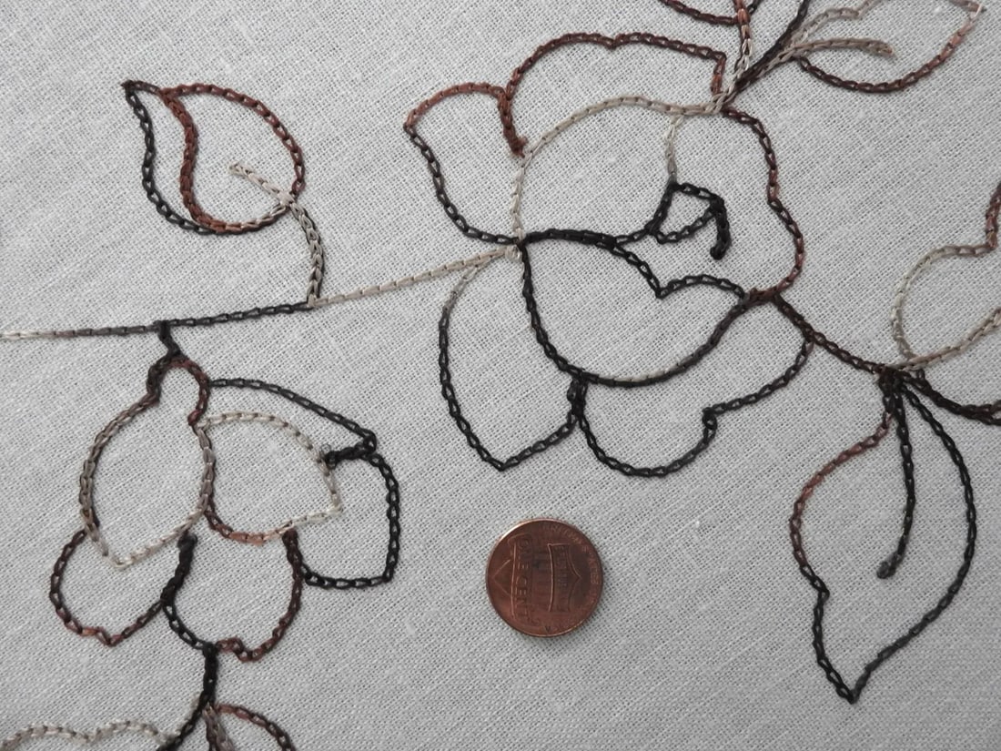 Cotton Linen Crewel Embroidered Roses Fabric Over 2 Yards - 5