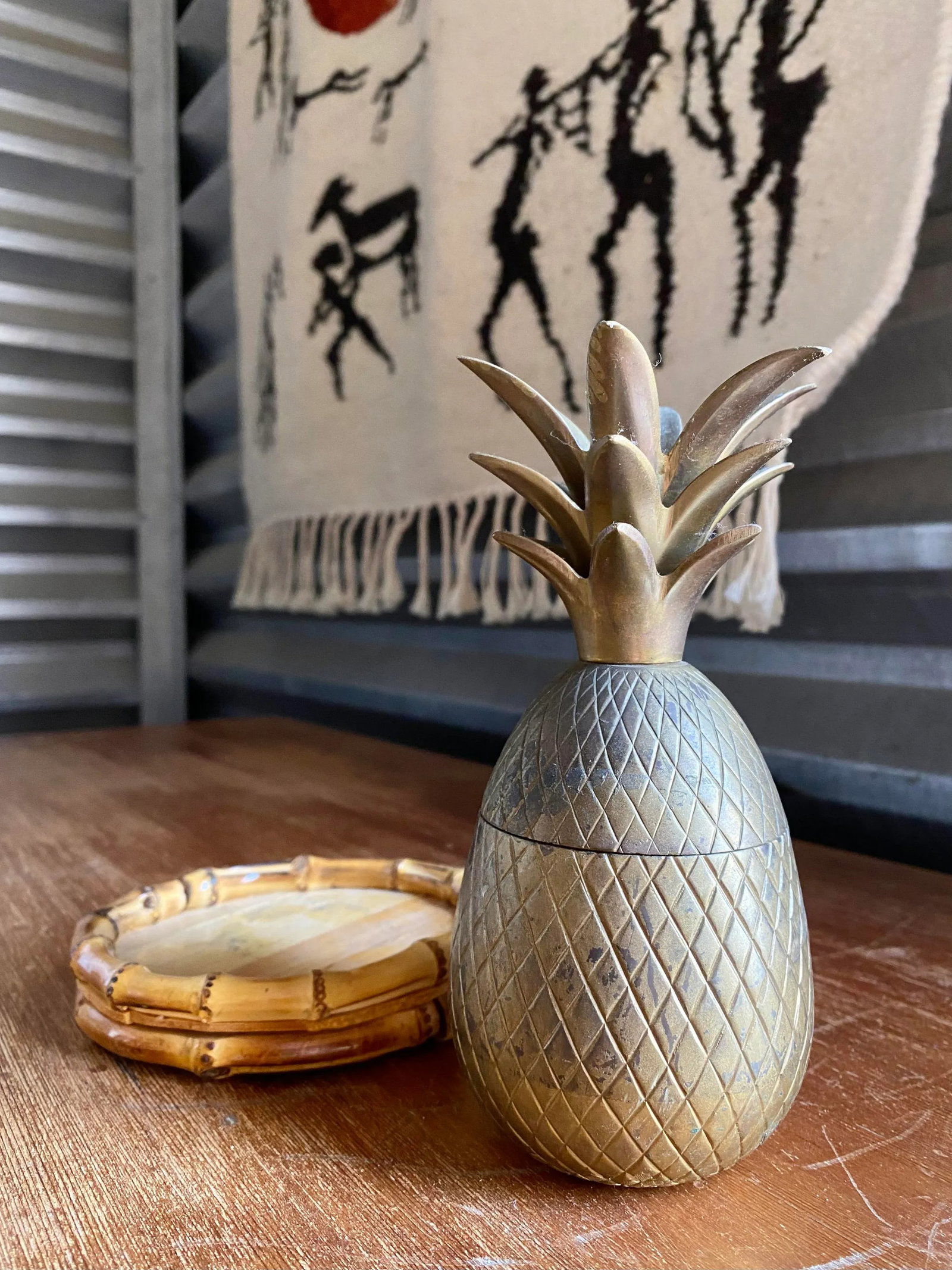 Chinoiserie Chic Brass Pineapple Trinket Box on Bamboo Plateau - 2