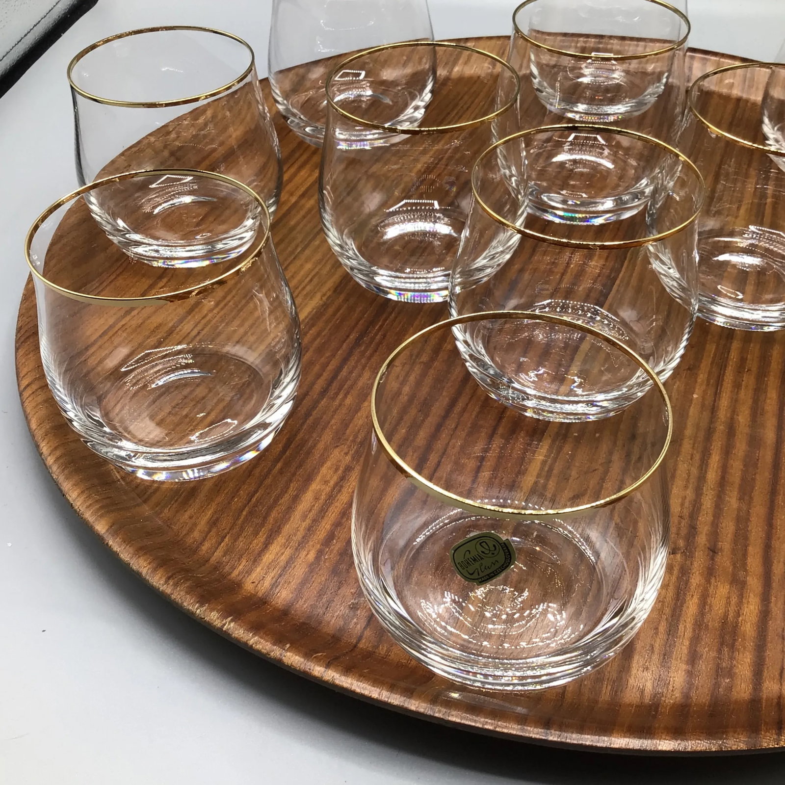 Bohemian Crystalex Geneve Old Fashion Gold Rim Whiskey/Scotch/Bourbon Glasses With Pressed Teak Tray - 10