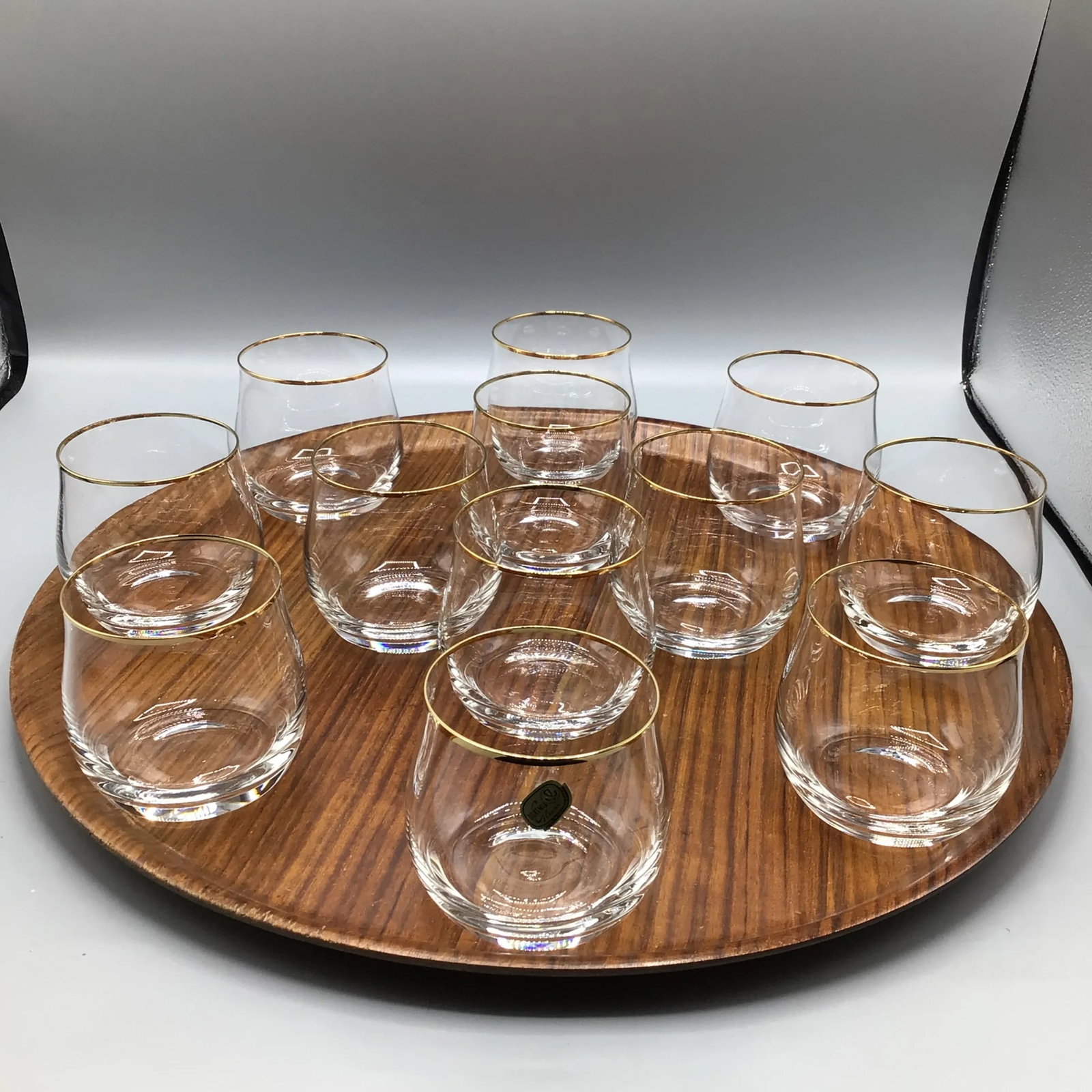 Bohemian Crystalex Geneve Old Fashion Gold Rim Whiskey/Scotch/Bourbon Glasses With Pressed Teak Tray - 13