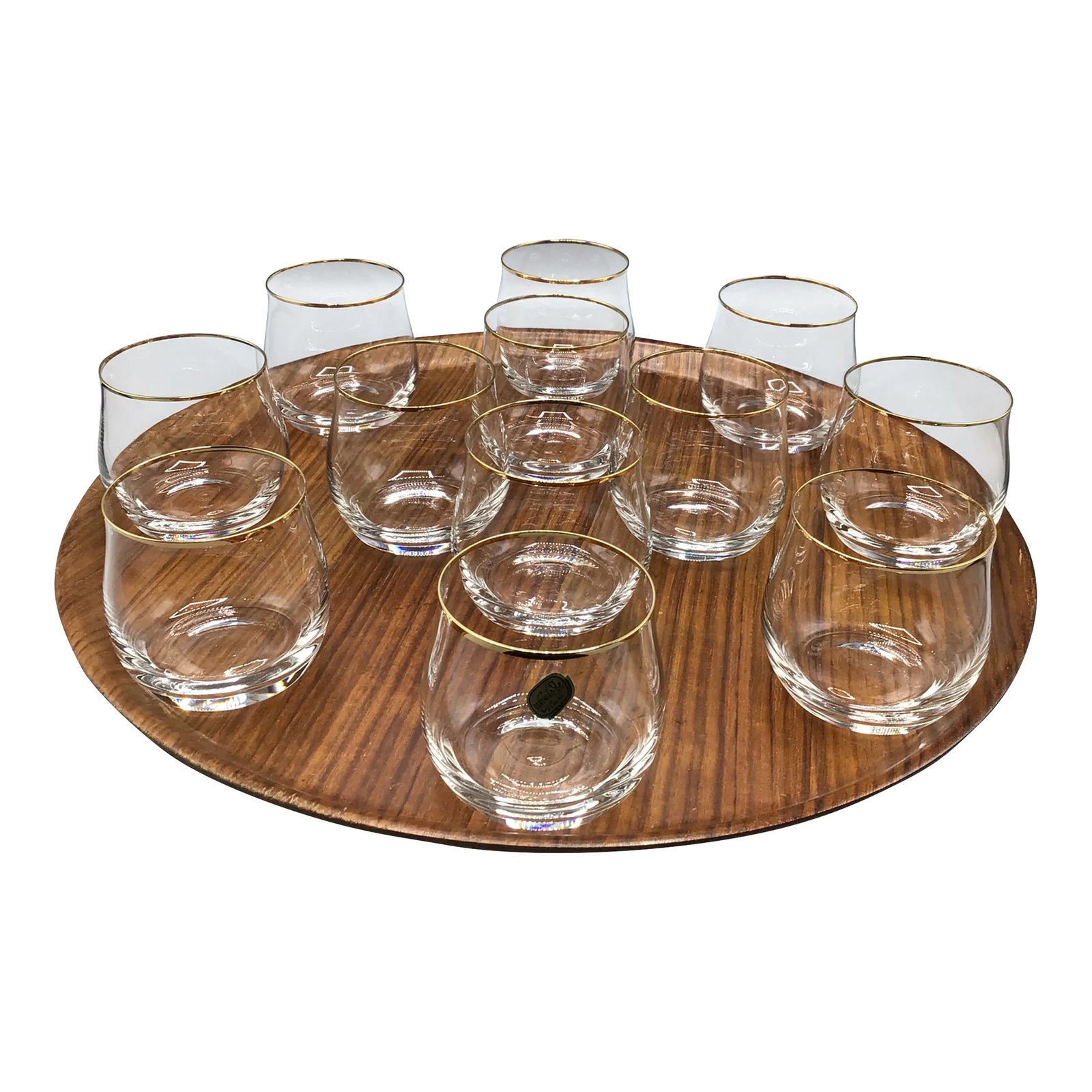 Bohemian Crystalex Geneve Old Fashion Gold Rim Whiskey/Scotch/Bourbon Glasses With Pressed Teak Tray: Here is a set of 12 hand blown Bohemian crystal cocktail glasses that can be served on this 18 inch pressed teak tray. This versatile set of glasses can be used for a Bourbon, Scotch, whiskey, rocks