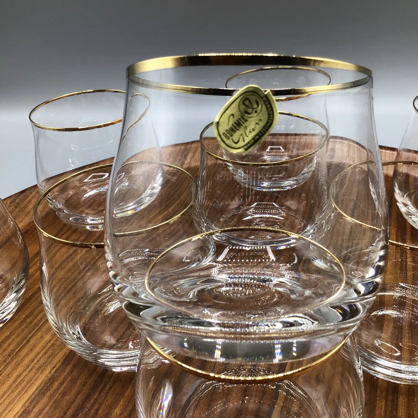Bohemian Crystalex Geneve Old Fashion Gold Rim Whiskey/Scotch/Bourbon Glasses With Pressed Teak Tray - 8