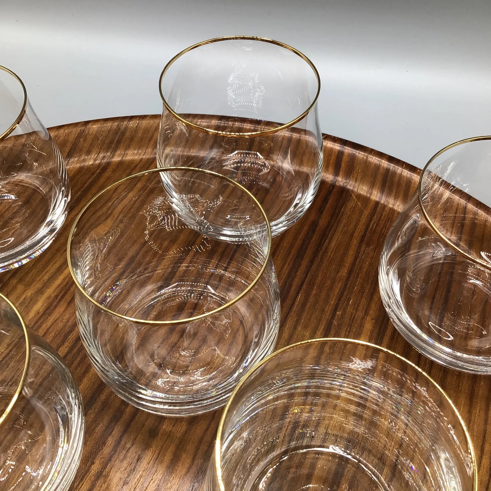 Bohemian Crystalex Geneve Old Fashion Gold Rim Whiskey/Scotch/Bourbon Glasses With Pressed Teak Tray - 9