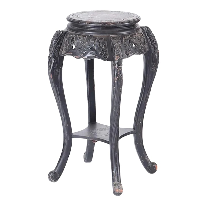 Black Carved Chinese Plant Stand Pedestal With Decorated Top. 19th Century: A very nice nineteenth century carved Chinese painted black plant stand or porcelain vase pedestal. Wear to paint gives it a great look Condition: Alterations: Original Condition Unaltered Imperfectio