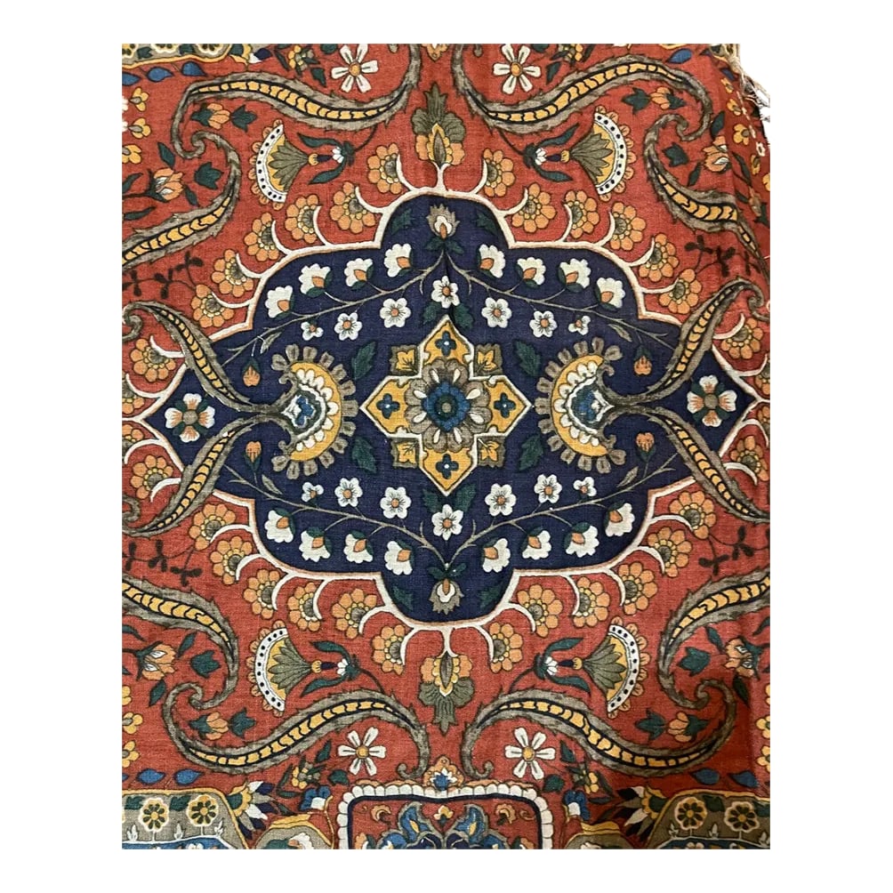 Schumacher Hand Printed Linen Fabric- 8 Yards: 8 yards of Hand printed on rough woven linen in the 1960's and kept folded and unused in a controlled atmosphere. Beautiful middle eastern pattern would make beautiful throw pillow covers. Condition: