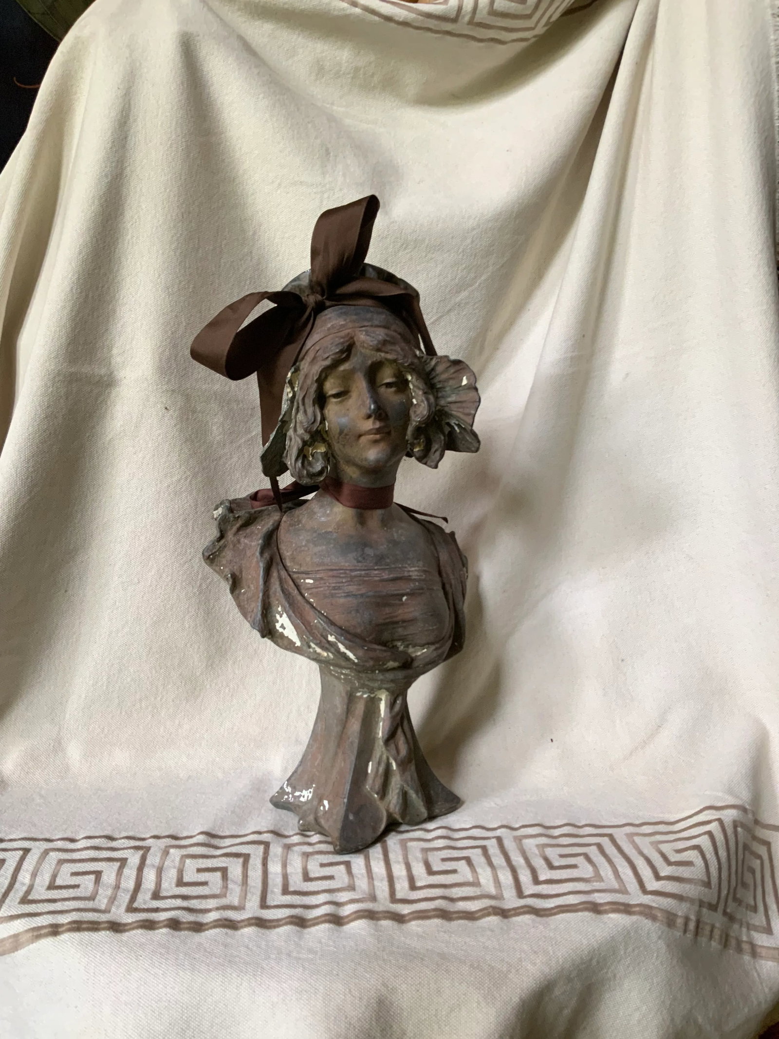 Antique French Art Nouveau Cast Iron Bust of a "Coquette" After Pablo Rigual - 4