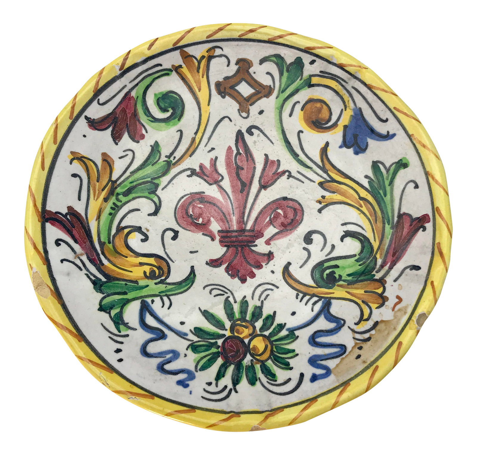 1900s Antique Hand Painted Deruta Majolica Raffaellesco Plate: Lovely hand painted Deruta plate from 1890-1920 in the Majolica style of Raffaelesco. Italian folk art at its best. Perfect to hang on a wall. This piece was hand formed out of Tuscan terra cotta,