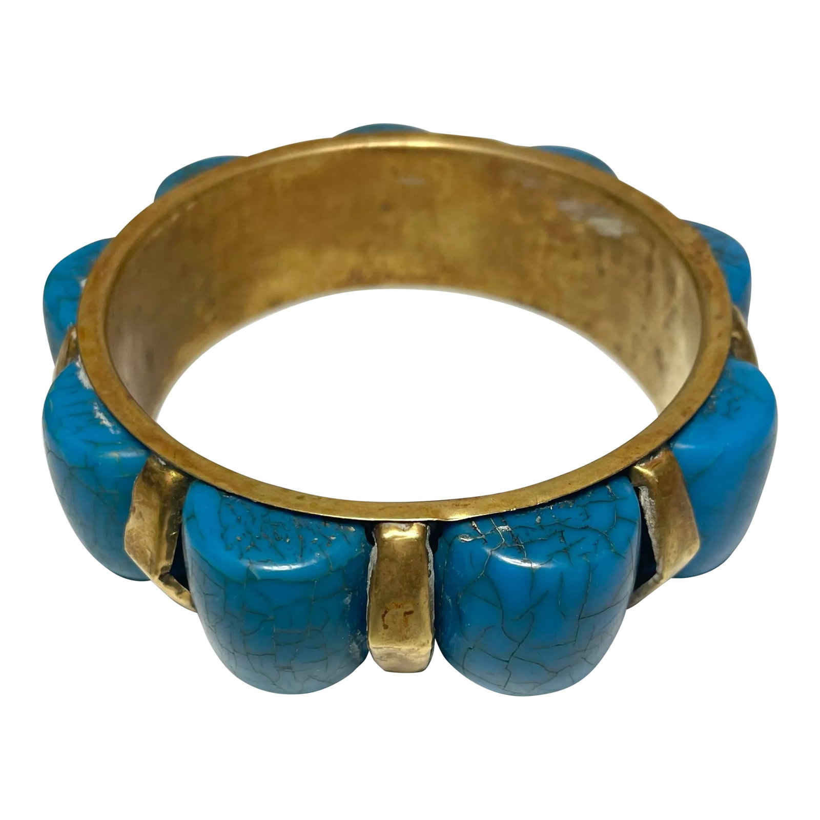 1970s Vintage Turquoise and Brass Chunky Bangle: This is part of Chairish's Costume Jewelry assortment. Vintage turquoise and brass chunky bangle. Styled after Native American Condition: Alterations: Original Condition Unaltered Imperfections: Some