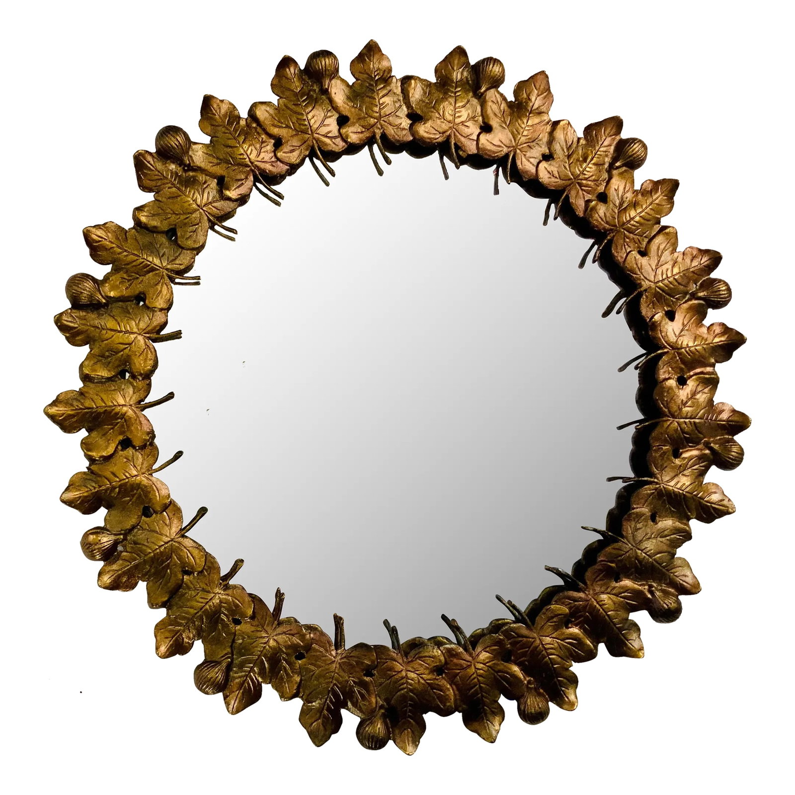 Currey & Co. Transitional Gold Finished Leaves Figuier Wall Mirror: Stylish Currey & Co. Transitional Gold Finished Leaves Figuier Wall Mirror, round mirror, showroom floor sample Condition: Imperfections: Some Imperfections Condition Notes: Showroom floor sample, not