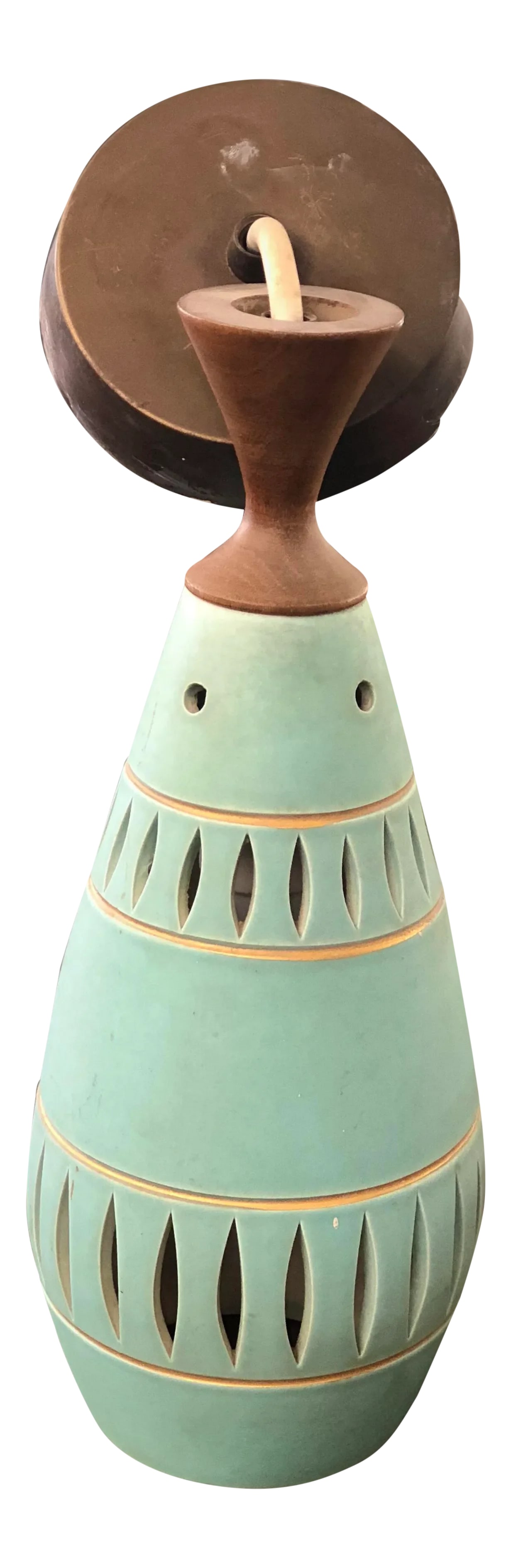Retro Mid-Century Ceramic Pendant Light: This is a mid century style light that I believe may be from the 1950s. The light itself is a beautiful turquoise colored ceramic. It has a brass color cap that I noticed had some pitting due to age,