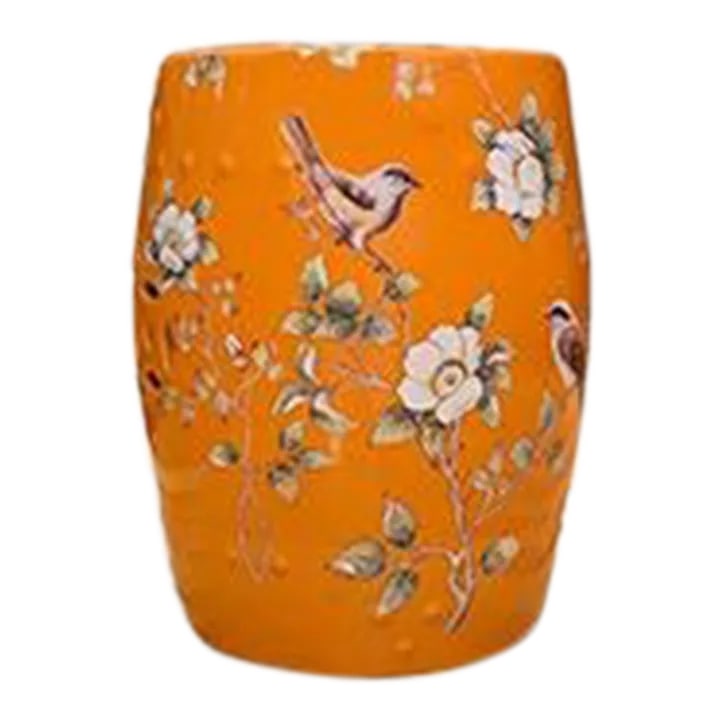 Asian Style Orange Garden Stool: Orange ceramic garden stool from Asian intricately detailed with leaves and birds with a glossy finish. Great for the backyard and indoors a great piece to brighten up a room. Condition: