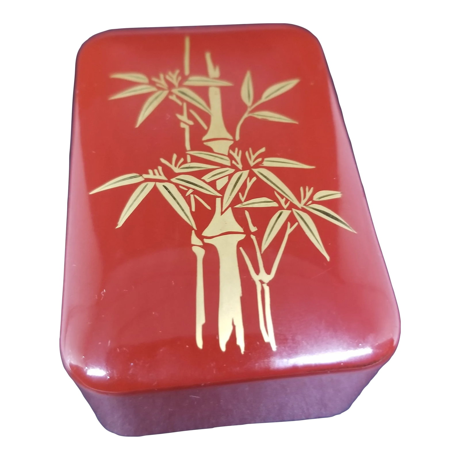 Vintage Brick Red & Gold Bamboo Lacquer Trinket Box Made in Japan: Vintage Red and Gold Bamboo Lacquer Trinket Box is made in Japan. Condition: Alterations: Original Condition Unaltered Imperfections: Some Imperfections Condition Notes: Age,vintage Origin: Japan