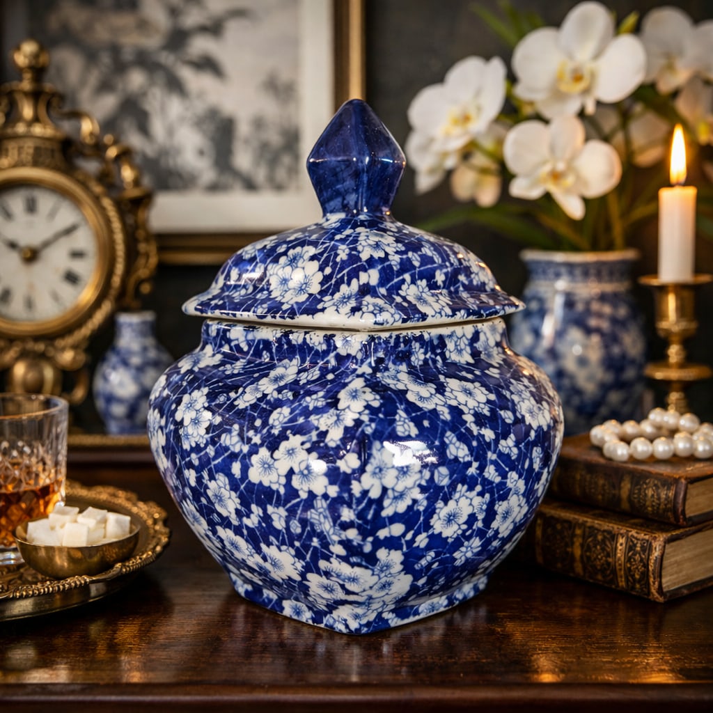 Blue and White Chinoiserie Earthenware Jar With Lid - 7