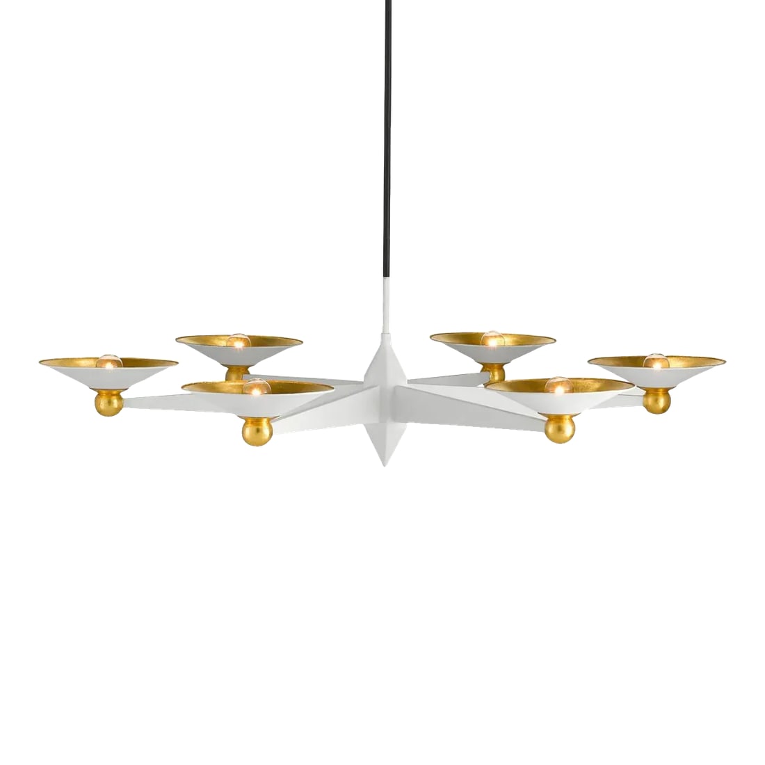 Currey & Co. Modern White and Gold Moderne Chandelier: Original Retail $2470, stylish Currey & Co. Modern White and Gold Moderne Chandelier, showroom floor sample Condition: Imperfections: Some Imperfections Condition Notes: Showroom floor sample, not