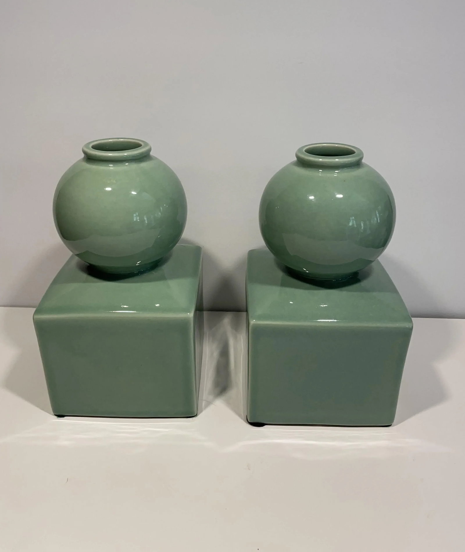 Celedon Ceramic Vases or Bookends in the Style of Serena & Lily - a Pair - 5