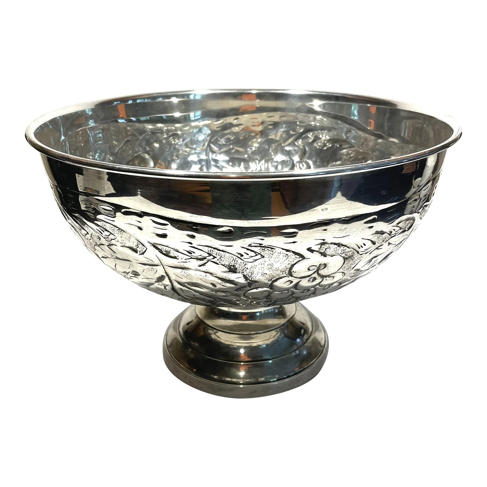 Vintage Artisanal Silver Urn: A one-of-a-kind hand-crafted silver urn using the Repousse method of hammered design. Unusually large size and excellent condition. Probably mid-to-late 20th century from Spain or Mexico. The hammered