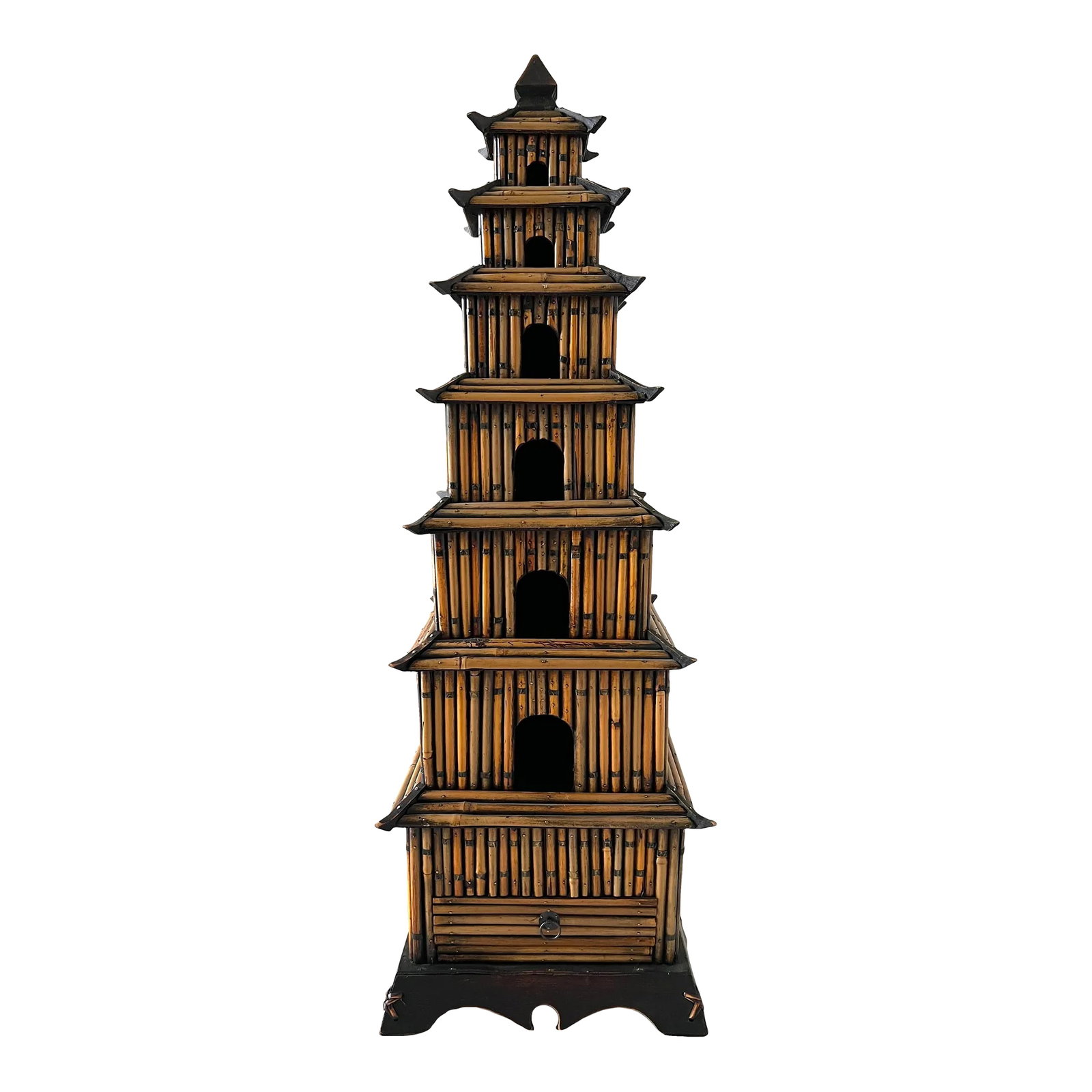 Chinoiserie Pencil Reed Bamboo Rattan Tall Pagoda: Fabulous and rare Chinoiserie large 7 tier Pagoda made of natural Pencil bamboo on a wood base. One small drawer at the base with felt interior. Vey good to excellent condition, natural patina, no