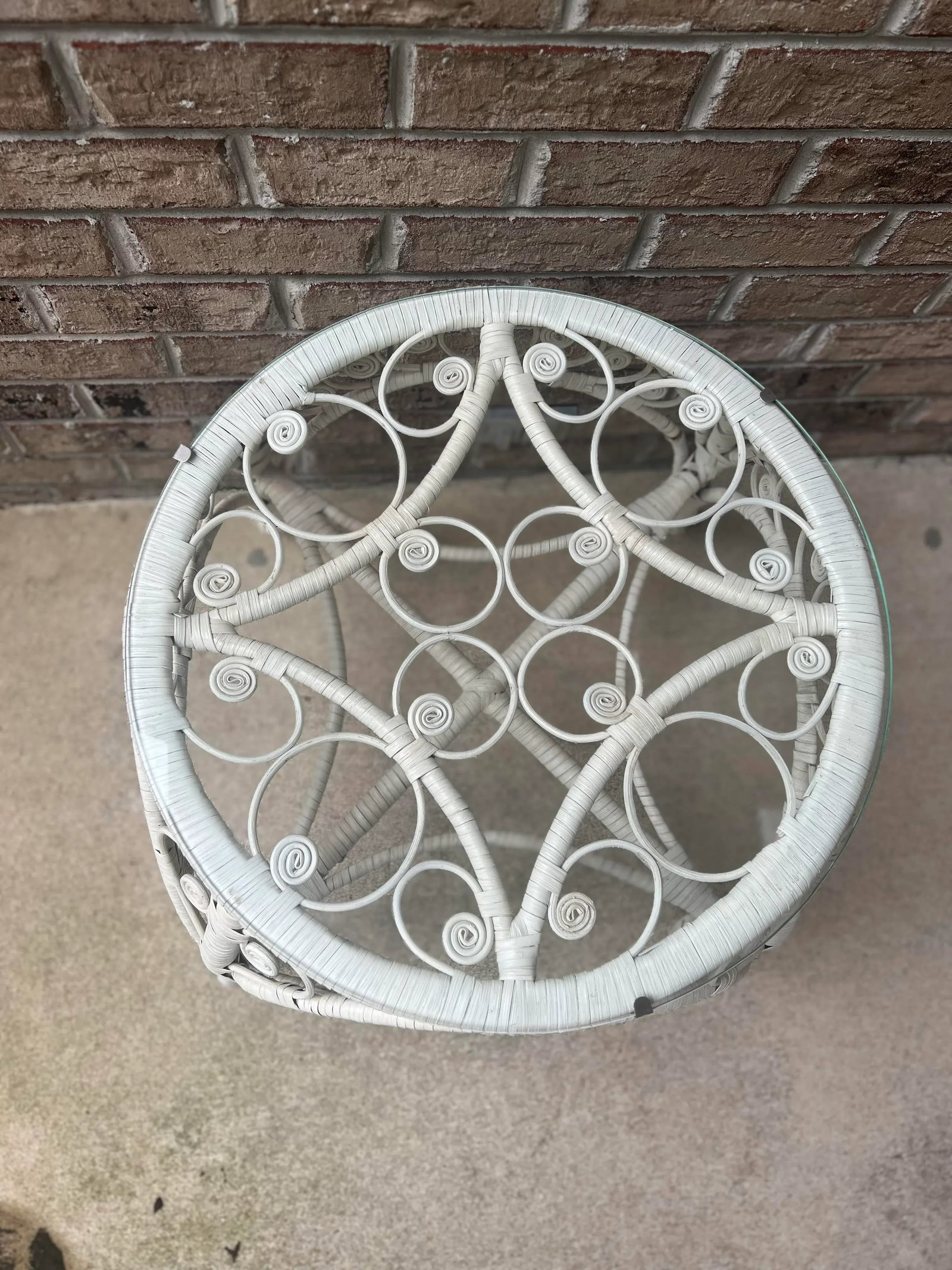 Vintage Rattan Fiddlehead White Wicker Peacock Fan Chair & Glass Top Table - 4