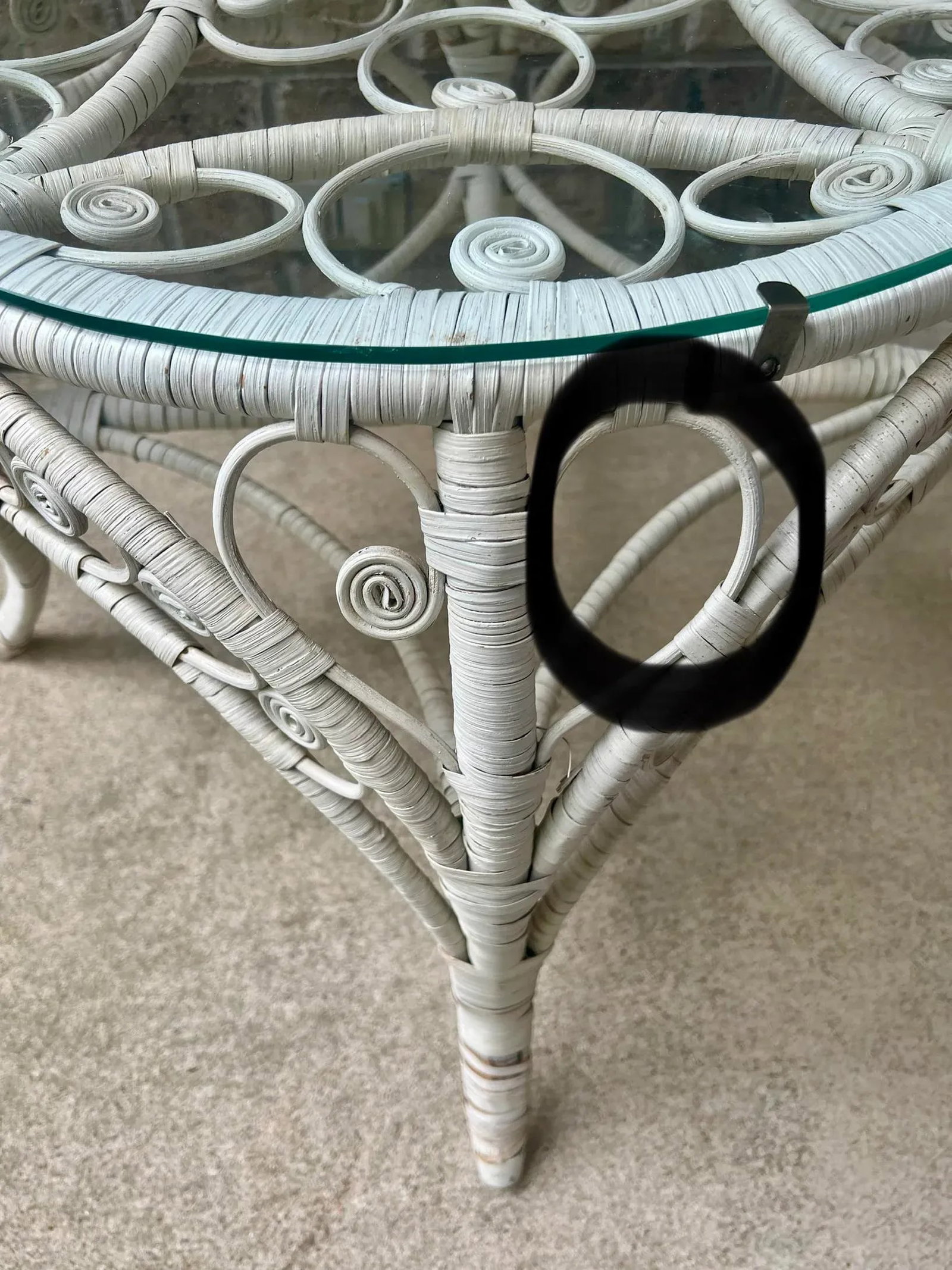 Vintage Rattan Fiddlehead White Wicker Peacock Fan Chair & Glass Top Table - 9