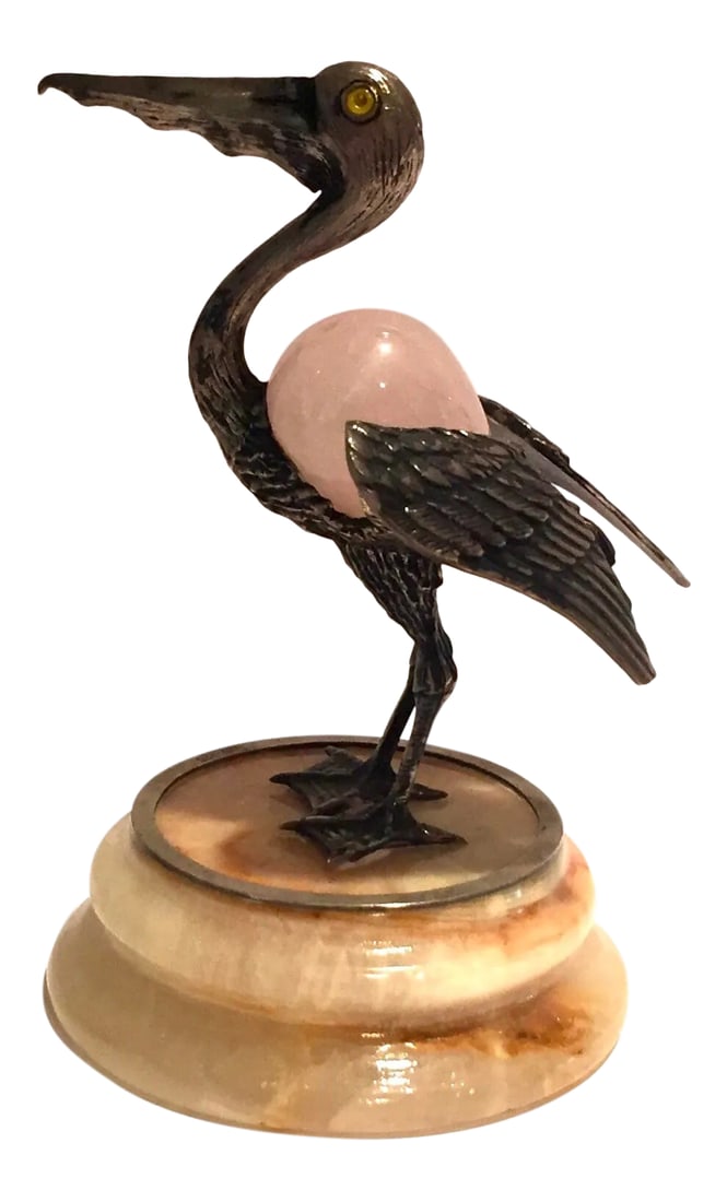1960s Brutalist Sterling and Stone Pelican on Marble Base: Vintage sterling and stone (appears to be agate) pelican on marble base. Made in the 1950s-1960s. The bird measures 4" high and base is 2.5" in diameter. In very good condition Condition: