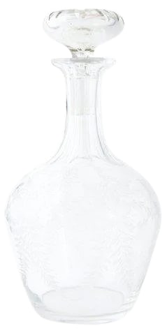 20th Century Hollywood Regency Etched Floral Crystal Decanter: Crystal decanter hand-etched with flower and leaf design. Waterline inside at bottom. Condition: Alterations: Original Condition Unaltered Imperfections: Some Imperfections Condition Notes: Very