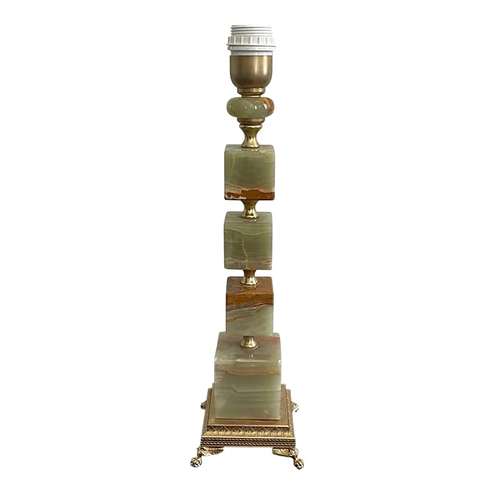Mid Century Ornate Italian Onyx and Brass Table Lamp: Beautiful Mid Century Ornate Italian Onyx and Brass table lamp. The lamp is rewired in Europe. The plug can easily be replaced with an American plug (no need to rewire the lamp). The lamp is in very g