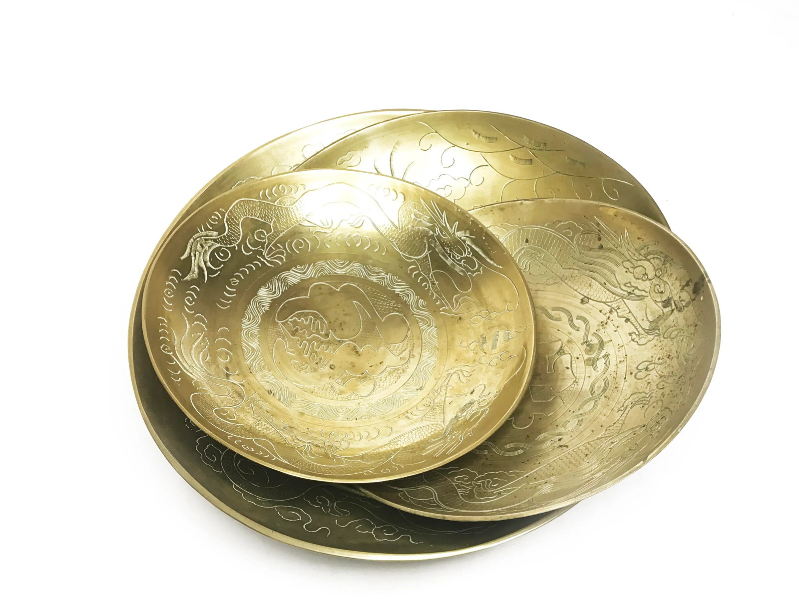 1930s Art Deco Heavy Gauge Solid Brass Chinese Engraved Bowls - Set of 4 - 2