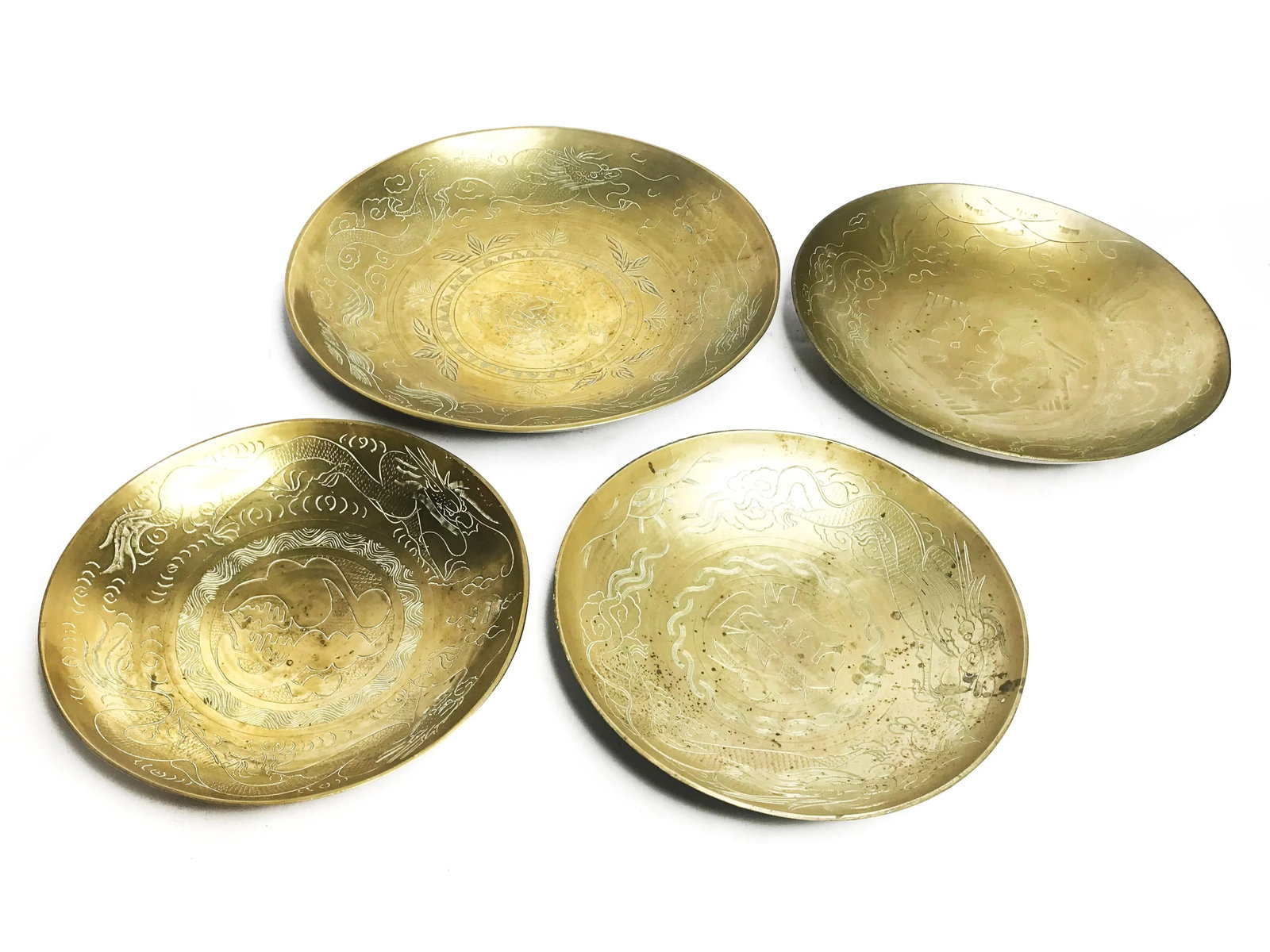 1930s Art Deco Heavy Gauge Solid Brass Chinese Engraved Bowls - Set of 4 - 7