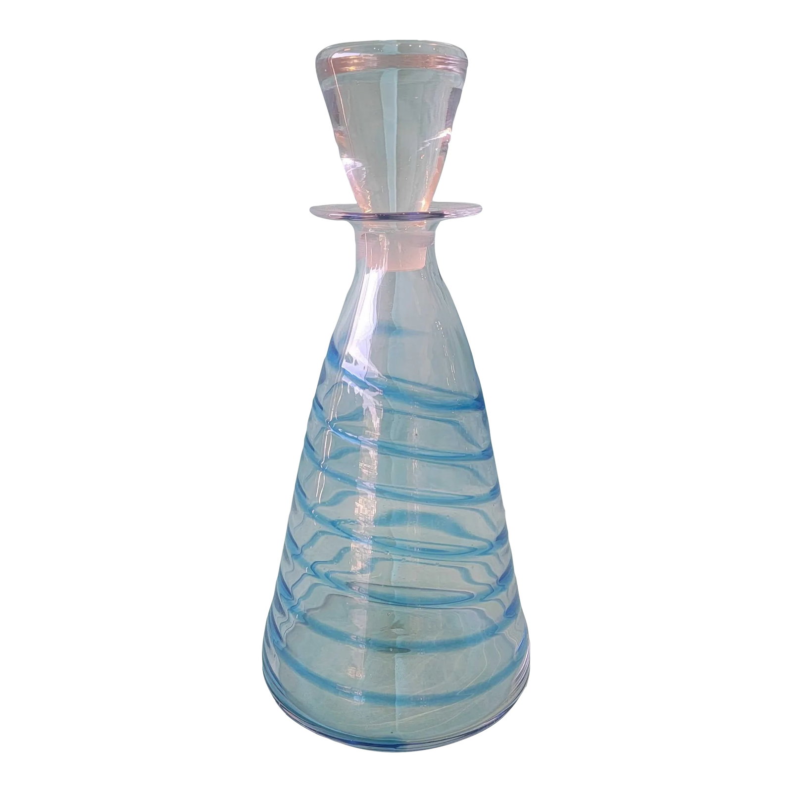 Vintage 1990s Blenko Blue Swirl Decanter: This is an exceptional 90's Blenko piece. Standing 12" tall, this decanter has blue swirls going down the glass. In great condition for age. Condition: Alterations: Original Condition Unaltered
